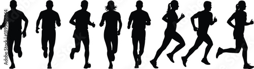 Running people silhouette set men women jogging sprinting active fitness group, sport lifestyle black vector illustration isolated design collection bundle