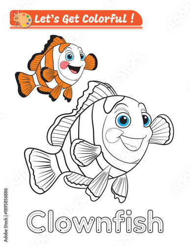 Clownfish coloring page illustration for kids. Cute cartoon fish for children coloring books and fun learning. Main object and background are separated.