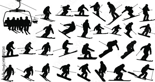 skiing, snowboard, winter, sport, silhouette, skier, snowboarder, action, mountain, snow, resort, cable, lift, extreme, activity, adventure, outdoor, vector, set, collection, icon, black