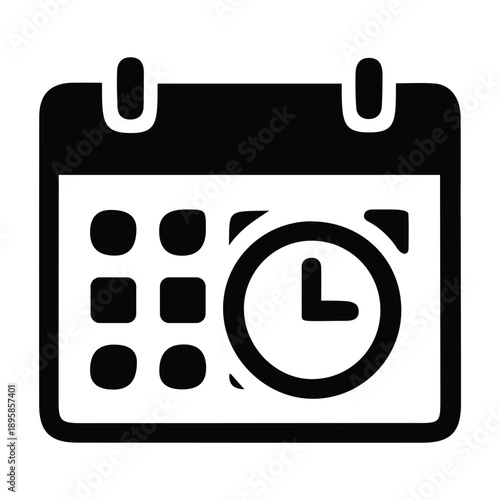 Minimalist black glyph of a calendar showing a clock, signifying appointment booking, event planning, and effective time organization