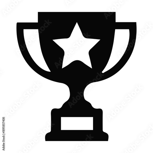A simple black and white illustration of a trophy with a star on it, symbolizing achievement, victory, and excellence