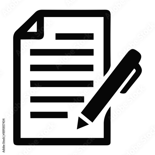 Minimalist vector icon depicting a document or note page with a writing pen, symbolizing creation, editing, and official documentation processes for digital and print media