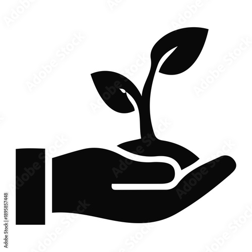 Symbolic illustration of a hand gently holding a small plant sprouting from soil, representing growth, environmental care, sustainability, and the concept of new beginnings in nature