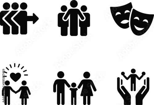Collection of icons representing teamwork, family, and theater