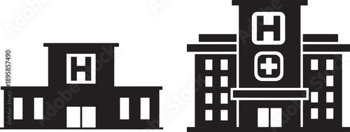Simple black silhouette of a hospital building with a visible H symbol for medical and health service maps
