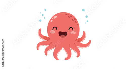 Happy pink cartoon octopus with eight tentacles swims in the ocean while surrounded by light blue water bubbles.