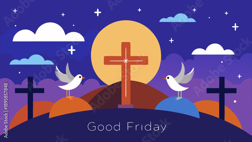 Good friday evening skies with crosses and doves Vector