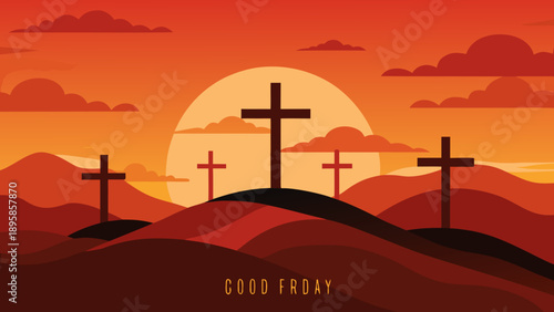 Three crosses at sunset on good friday Vector