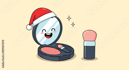 Cute cartoon makeup compact with a mirror wearing a red Santa hat stands next to a pink blush makeup brush.