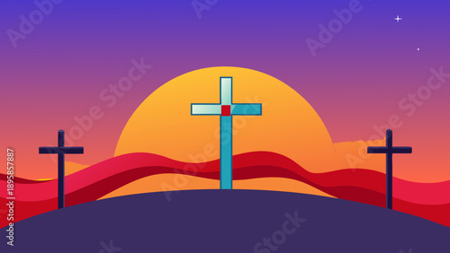Illuminated crosses at sunset symbolizing faith and hope Vector