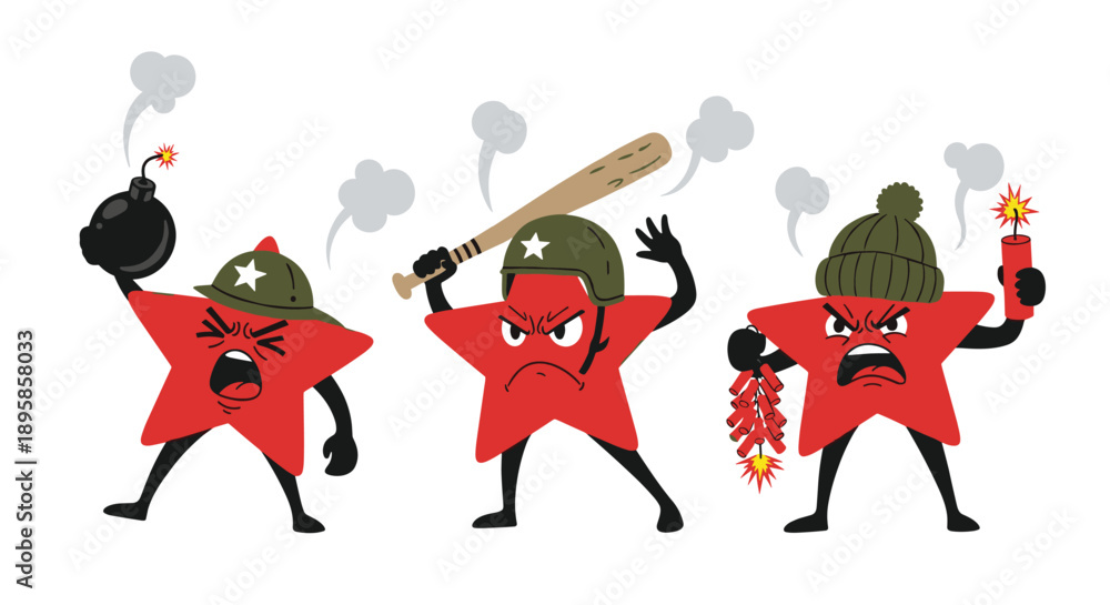 Fototapeta premium Three angry red star characters wearing military helmets and hats hold a bomb and baseball bat and firecrackers.