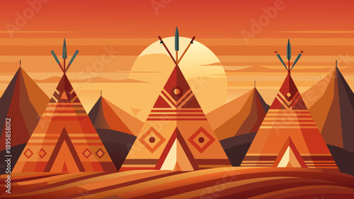 Traditional tipis set against a vibrant sunset landscape Vector