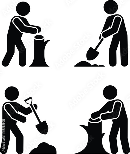 Illustrations of people digging and removing tree stumps with shovels and tools