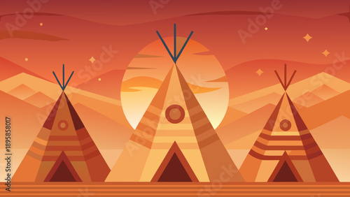 Vibrant sunset over native american teepees Vector