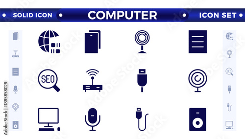 Computer solid icon set. Containing online, computer, network, website, server, web design, hardware, software, monitor, smartphone, tablet, and laptop, and programming. Solid icons vector collection.