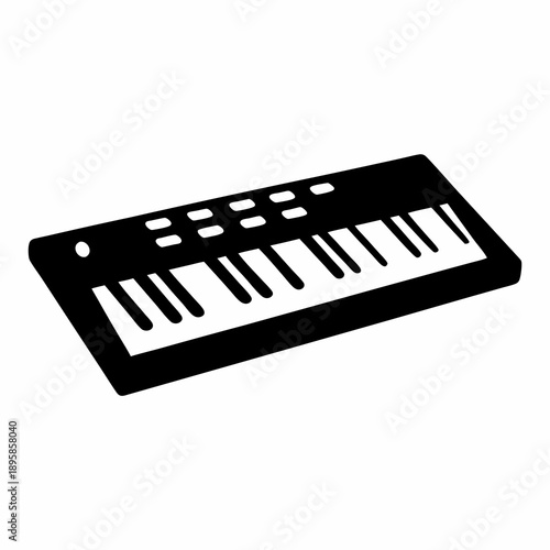 Simple black and white illustration of a keyboard synthesizer with musical keys