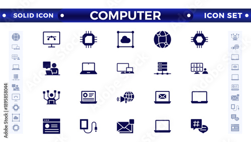 Computer solid icon set. Containing online, computer, network, website, server, web design, hardware, software, monitor, smartphone, tablet, and laptop, and programming. Solid icons vector collection.