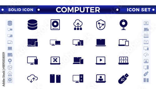 Computer solid icon set. Containing online, computer, network, website, server, web design, hardware, software, monitor, smartphone, tablet, and laptop, and programming. Solid icons vector collection.