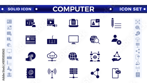 Computer solid icon set. Containing online, computer, network, website, server, web design, hardware, software, monitor, smartphone, tablet, and laptop, and programming. Solid icons vector collection.