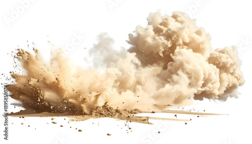 A cloud of tan-colored dust billows upwards, a result of a forceful impact on dry ground. The dynamic shape is against a black background