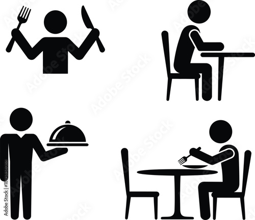 A collection of four stylized black icons depicting various aspects of dining and restaurant service.