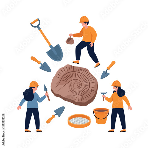 Paleontologists carefully excavating a large fossilized ammonite shell at a dig site with various tools and equipment