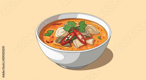 Bowl of hot and spicy Thai tom yum soup features shrimp and mushrooms along with cilantro and red chili peppers.