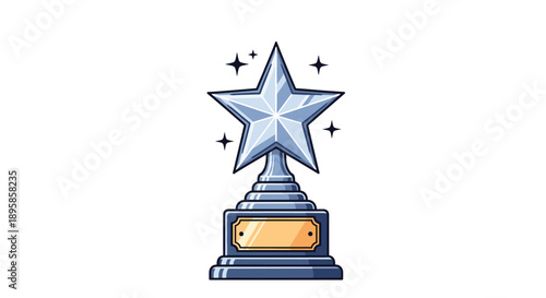 Silver star trophy award on a dark blue base features a golden plaque and sparkling stars around it.