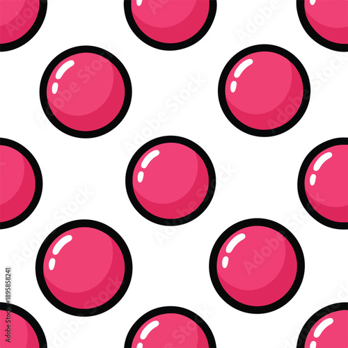 Seamless pattern of red spheres with black outline in a grid layout from a direct viewpoint