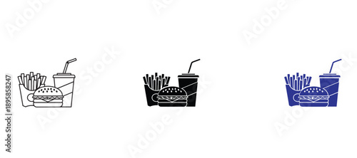 Fast food meal icons featuring burger, french fries, and soda drink in three styles