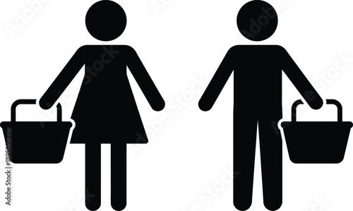 Simple black silhouette icons of a man and a woman holding shopping baskets on a white background