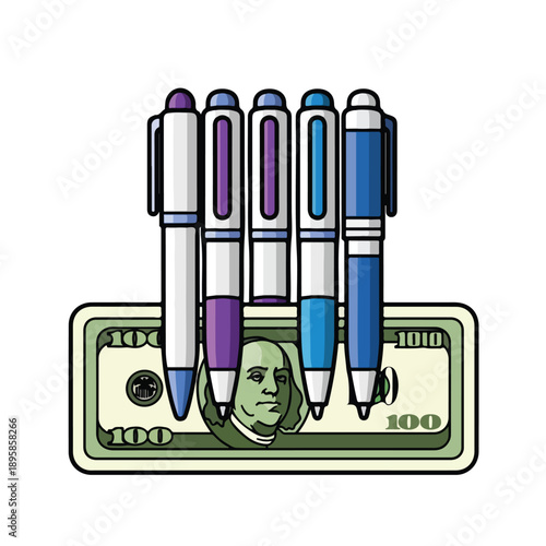 Pens and pencils arranged on a hundred dollar bill in a neat and organized manner