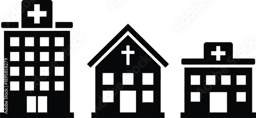 Several hospital buildings with crosses on top, representing healthcare facilities and medical services
