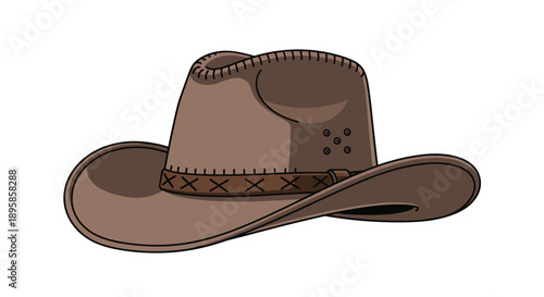 Classic brown leather cowboy hat with a decorative stitched band is shown against a plain white background.