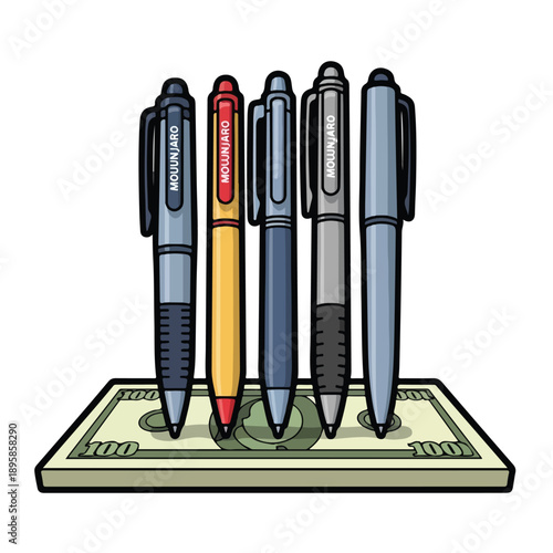 Pens and pencils standing upright in a holder on a banknote viewed from the front