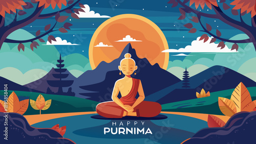 Serene meditation in a tranquil autumn landscape under a full moon Vector