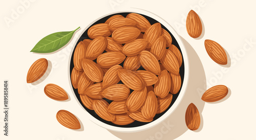 Top view of a white ceramic bowl filled with raw almond nuts and a single green leaf on a light background.