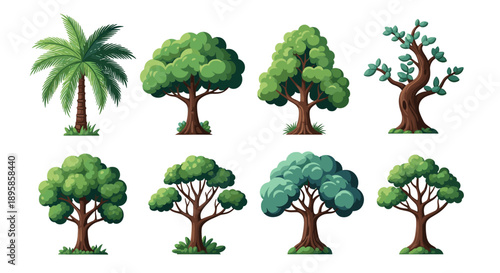 Set of eight different tree illustrations includes a palm tree and various deciduous trees with lush foliage.