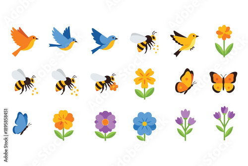 Colorful illustration of various animals and plants including birds flying bees butterflies and flowers in different colors on white background