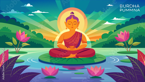 Serene buddha meditating on a lotus flower Vector