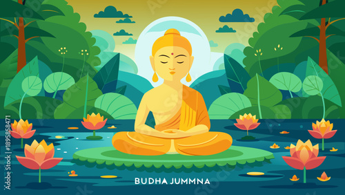 Serene buddha jummna meditating in a tranquil lotus pond Vector
