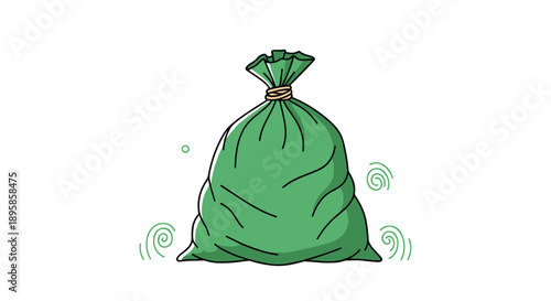 Large green plastic trash bag tied at the top with a rope is shown against a plain white background surface.
