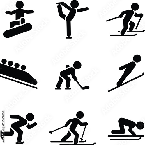 Collection of black silhouettes depicting various winter sports and athletes in action on a white background showcasing skiing ice skating and snowboarding.