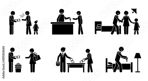 Illustration of people interacting in various office and home settings with actions like handing over documents and escorting individuals