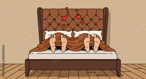 Couple relaxing together on a bed with a romantic atmosphere in a cozy bedroom viewed from the foot of the bed.