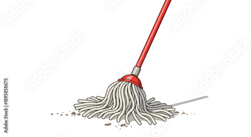 Red handled floor mop with white cleaning strings is shown on a dirty surface with dust and debris particles.