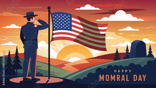 Respectful soldier honoring the american flag on a serene sunset landscape Vector