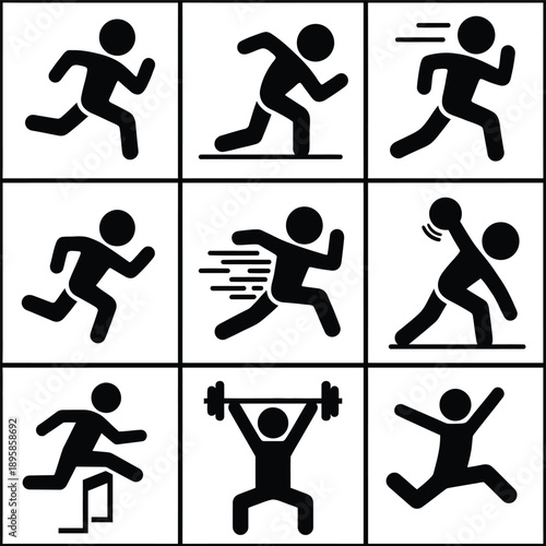 Simple black and white icons depicting various dynamic human figures engaging in running, exercising, and weightlifting activities in a grid layout with white background.