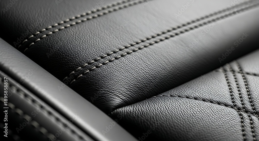 Fototapeta premium Close-up of black leather upholstery with detailed stitching and textured surface.