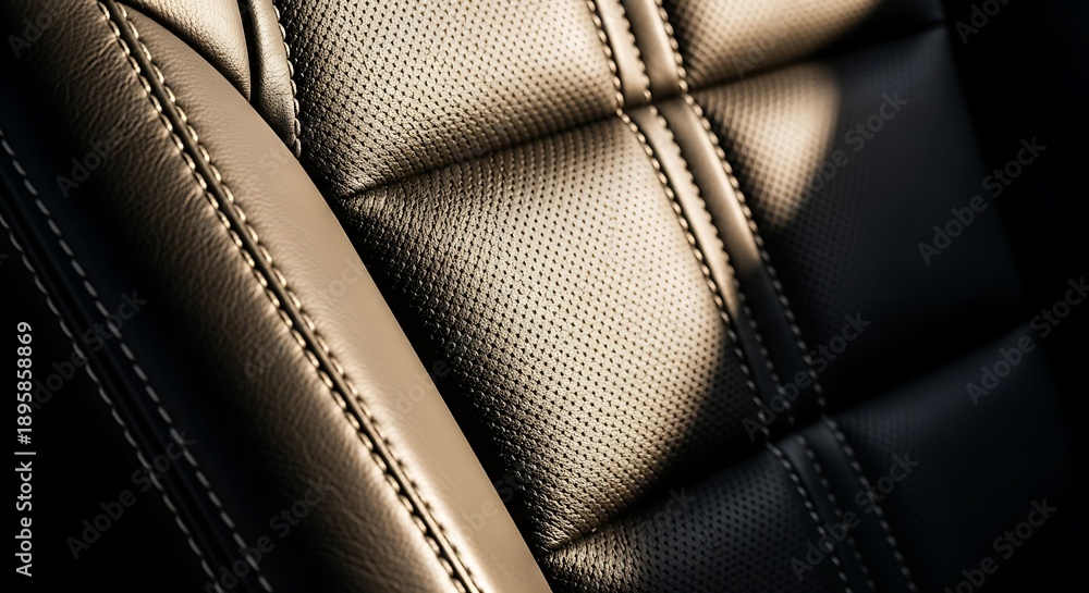 Obraz premium Close-up of luxurious black perforated leather car seat with detailed stitching and quilted pattern.